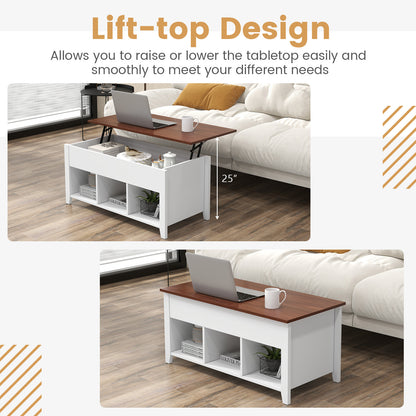 Adjustable Lift Top Coffee Table with Storage Shelves and Hidden Compartment - White