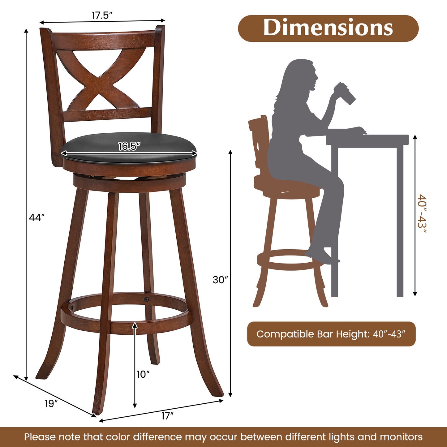 Pair of Classic 30 Inch Swivel Bar Stools with X-Shaped Open Back and Counter Height Design