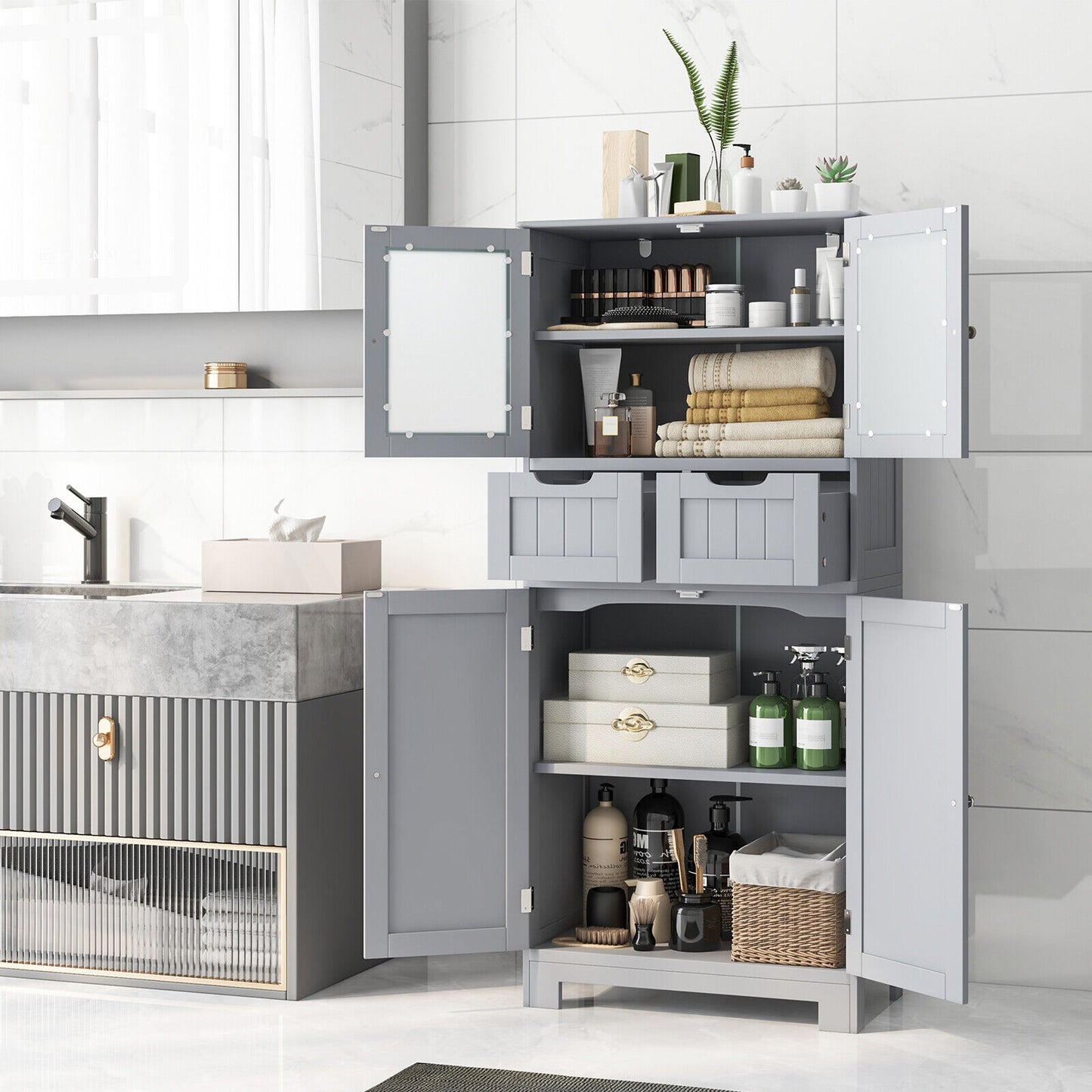 3 Tier Freestanding Bathroom Cabinet with 2 Drawers & Glass Doors for Stylish Storage