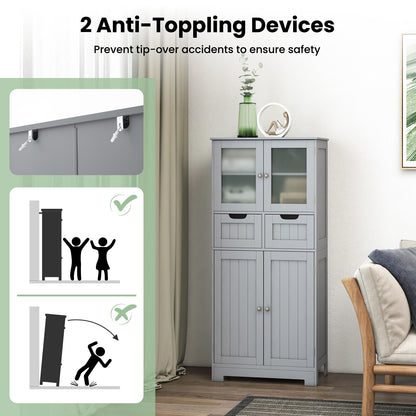 3 Tier Freestanding Bathroom Cabinet with 2 Drawers & Glass Doors for Stylish Storage