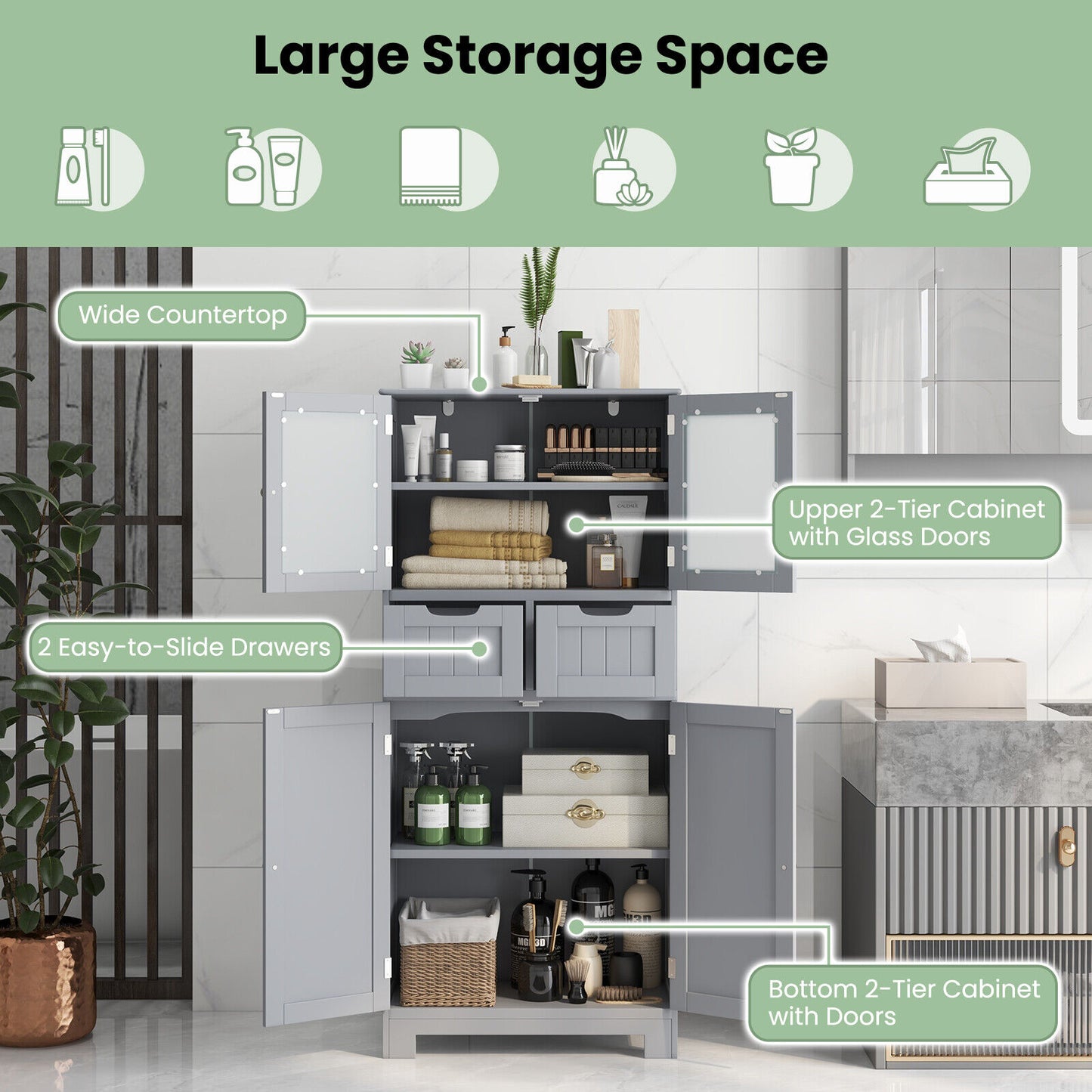 3 Tier Freestanding Bathroom Cabinet with 2 Drawers & Glass Doors for Stylish Storage