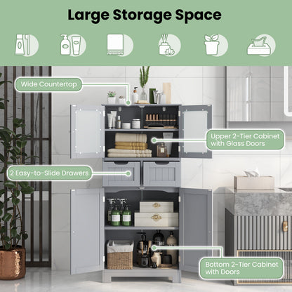 3 Tier Freestanding Bathroom Cabinet with 2 Drawers & Glass Doors for Stylish Storage