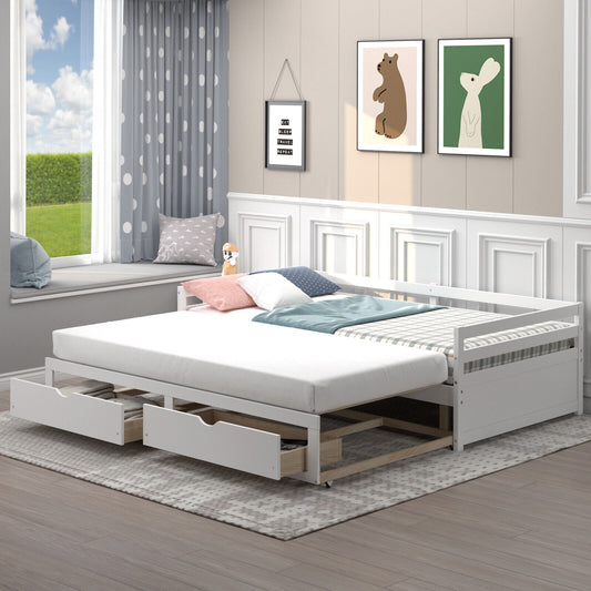Extendable Daybed with Trundle & 2 Storage Drawers - Twin to Full, White