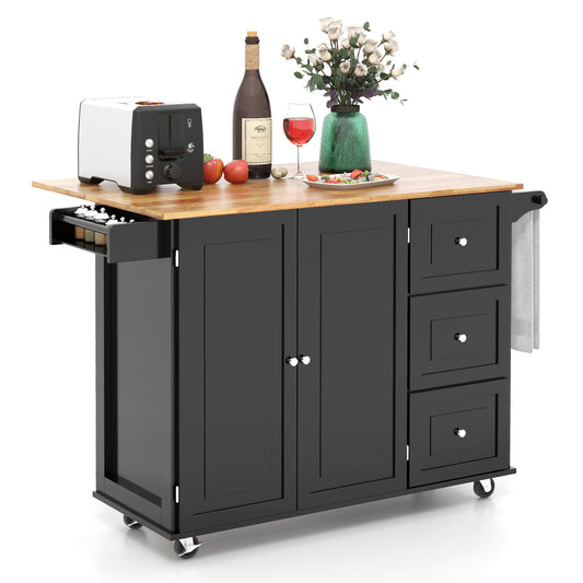 Expandable Rolling Kitchen Island with Storage Drawers Cabinet and Drop Leaf Top in Black