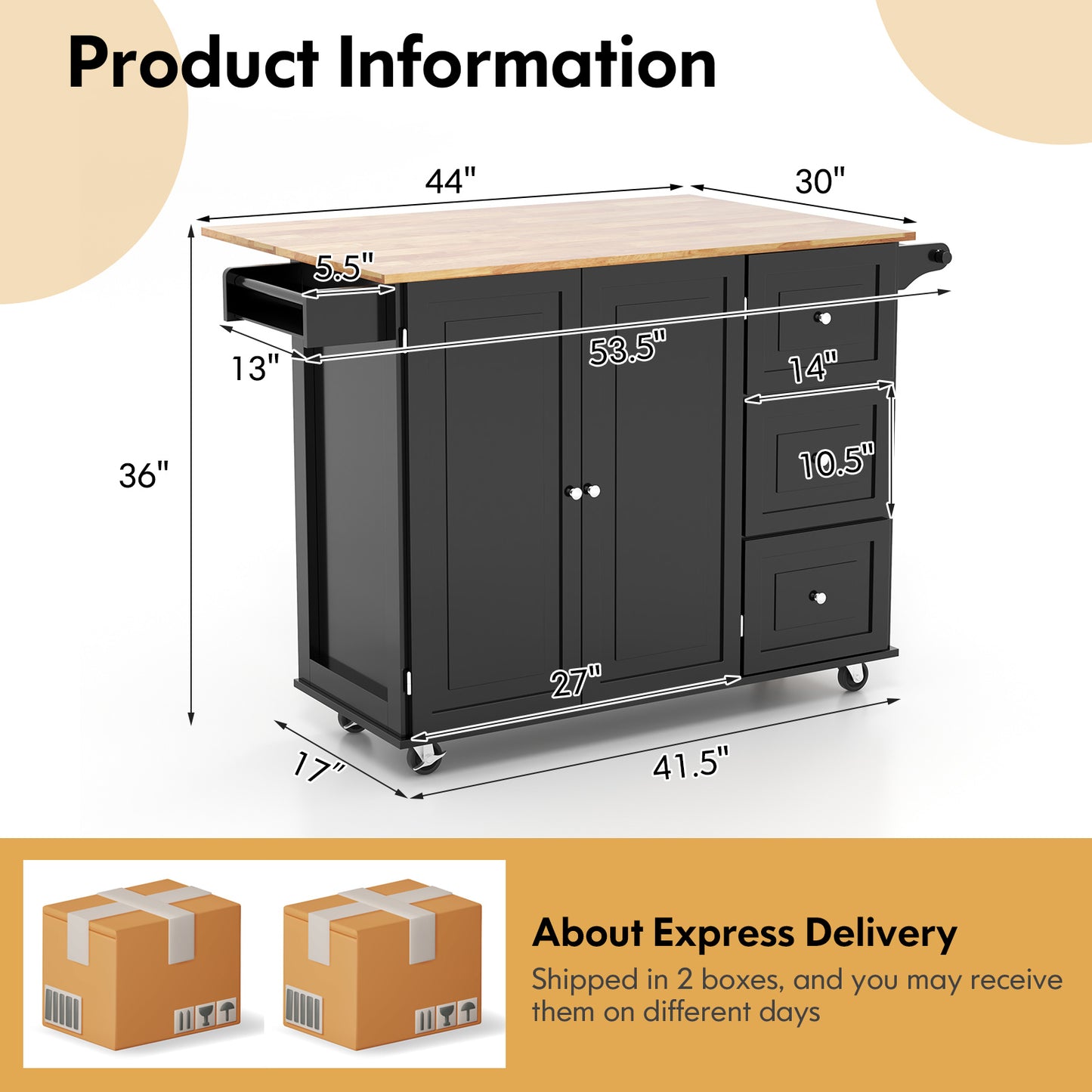 Expandable Rolling Kitchen Island with Storage Drawers Cabinet and Drop Leaf Top in Black