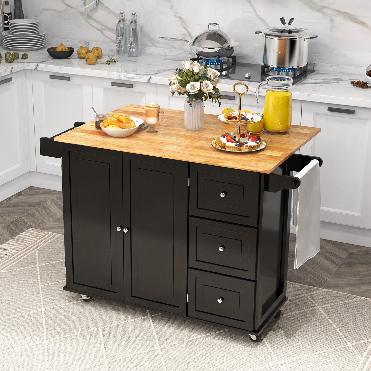 Expandable Rolling Kitchen Island with Storage Drawers Cabinet and Drop Leaf Top in Black