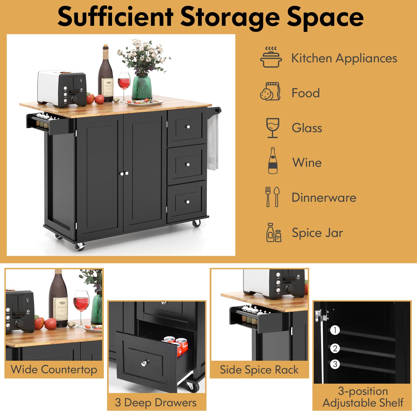 Expandable Rolling Kitchen Island with Storage Drawers Cabinet and Drop Leaf Top in Black