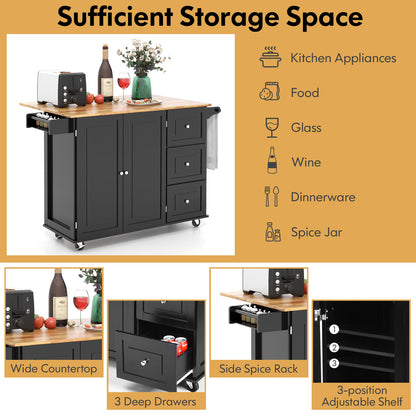 Expandable Rolling Kitchen Island with Storage Drawers Cabinet and Drop Leaf Top in Black
