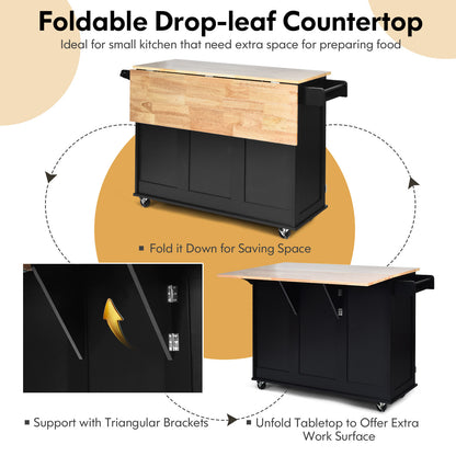 Expandable Rolling Kitchen Island with Storage Drawers Cabinet and Drop Leaf Top in Black