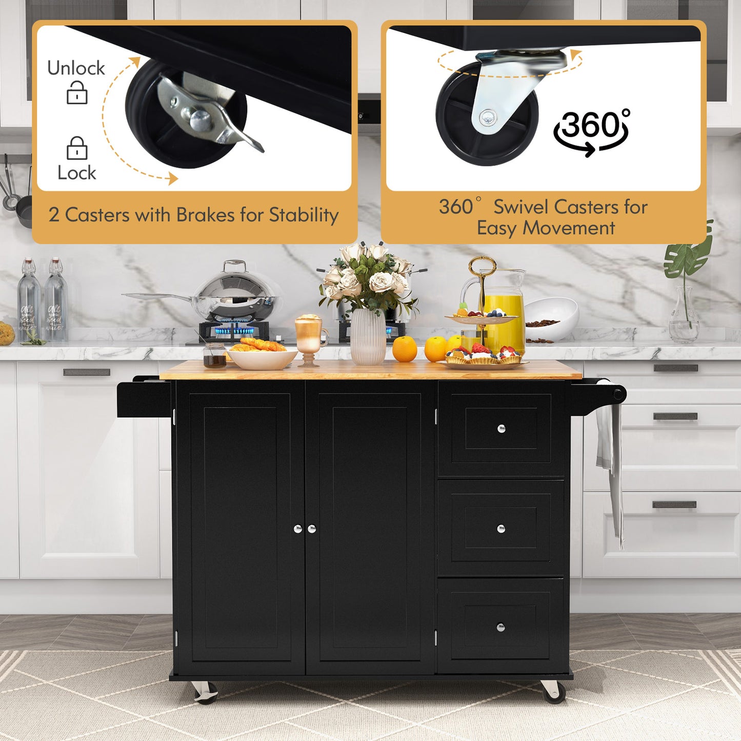Expandable Rolling Kitchen Island with Storage Drawers Cabinet and Drop Leaf Top in Black