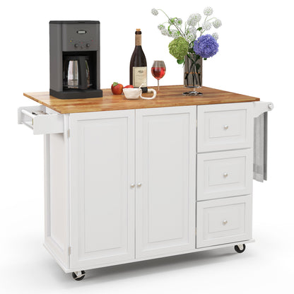 Expandable Rolling Kitchen Island with Storage Drawers Cabinet and Drop Leaf Top in White