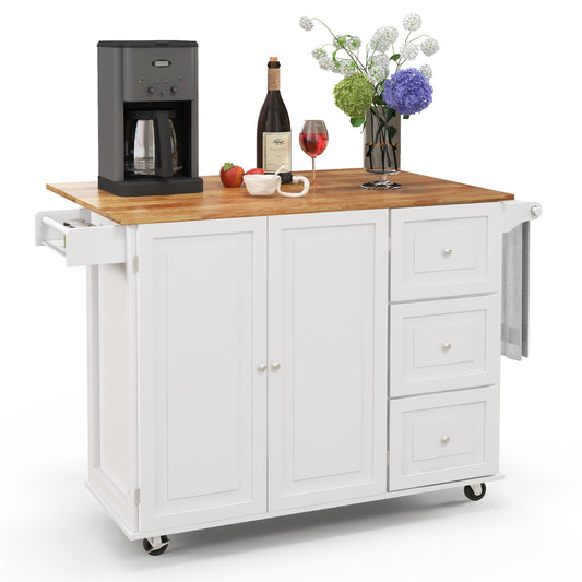 Expandable Rolling Kitchen Island with Storage Drawers Cabinet and Drop Leaf Top in White