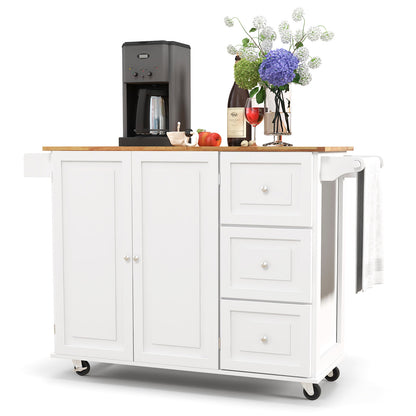 Expandable Rolling Kitchen Island with Storage Drawers Cabinet and Drop Leaf Top in White