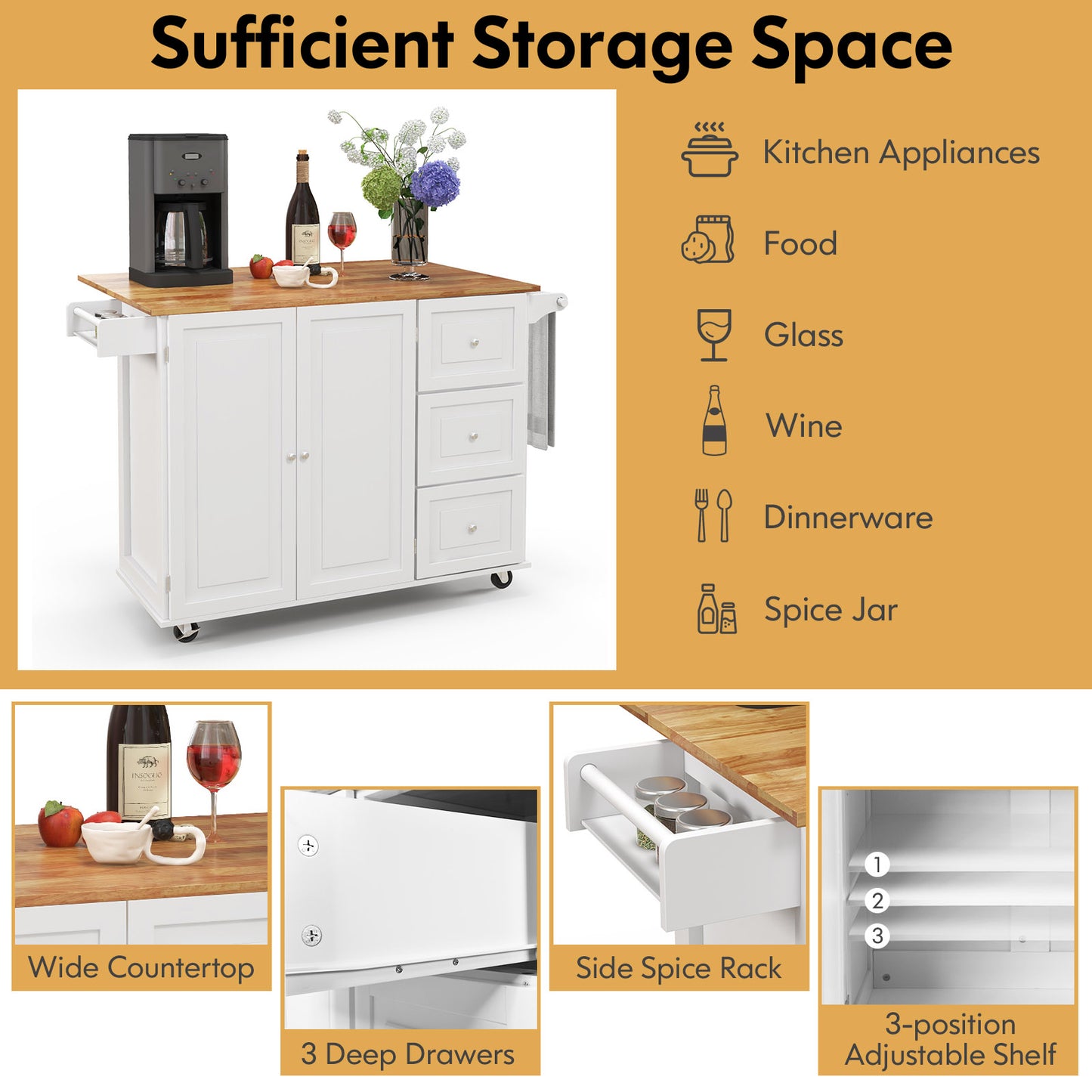 Expandable Rolling Kitchen Island with Storage Drawers Cabinet and Drop Leaf Top in White