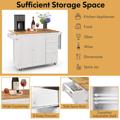 Expandable Rolling Kitchen Island with Storage Drawers Cabinet and Drop Leaf Top in White