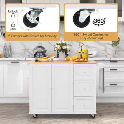 Expandable Rolling Kitchen Island with Storage Drawers Cabinet and Drop Leaf Top in White