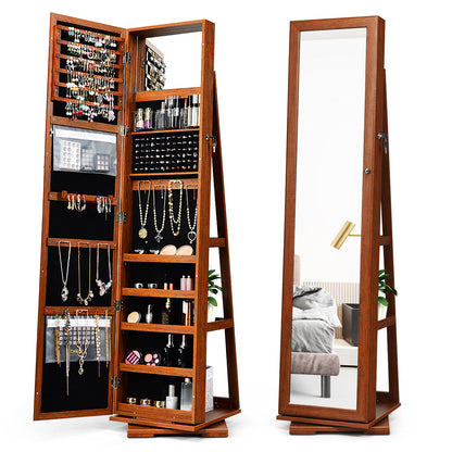 360 Degree Rotating Jewelry Armoire with Lockable Storage and Full Length Mirror in Brown