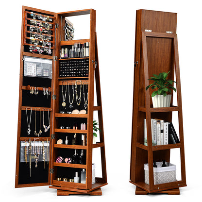 360 Degree Rotating Jewelry Armoire with Lockable Storage and Full Length Mirror in Brown