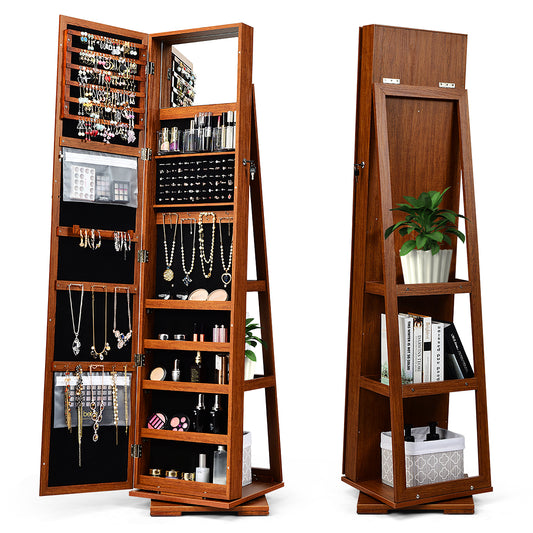 360 Degree Rotating Jewelry Armoire with Lockable Storage and Full Length Mirror in Brown