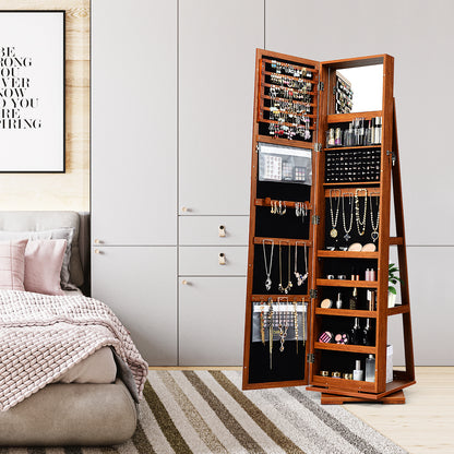 360 Degree Rotating Jewelry Armoire with Lockable Storage and Full Length Mirror in Brown
