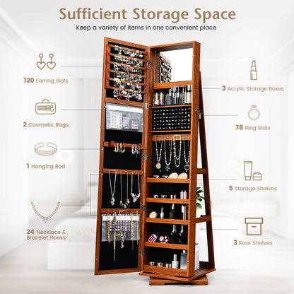 360 Degree Rotating Jewelry Armoire with Lockable Storage and Full Length Mirror in Brown