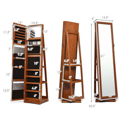 360 Degree Rotating Jewelry Armoire with Lockable Storage and Full Length Mirror in Brown
