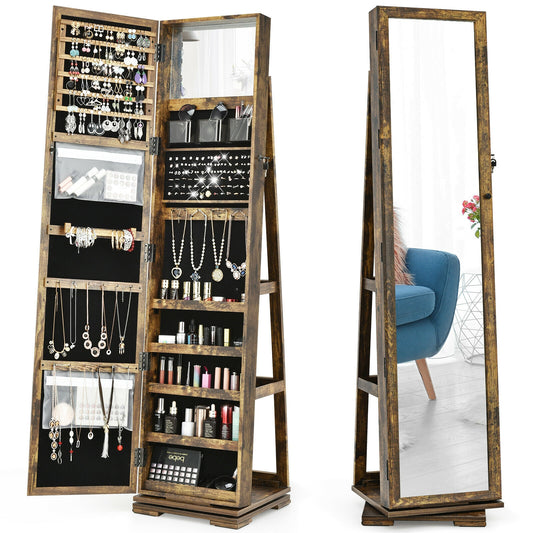 360 Degree Rotating Jewelry Armoire with Lockable Storage and Full Length Mirror in Rustic Brown