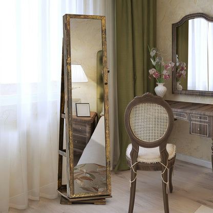 360 Degree Rotating Jewelry Armoire with Lockable Storage and Full Length Mirror in Rustic Brown