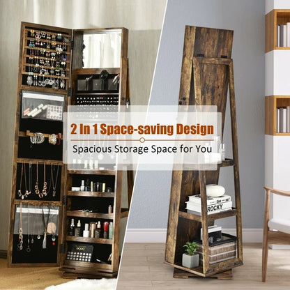 360 Degree Rotating Jewelry Armoire with Lockable Storage and Full Length Mirror in Rustic Brown