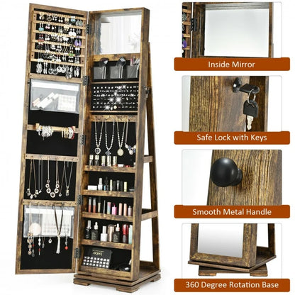 360 Degree Rotating Jewelry Armoire with Lockable Storage and Full Length Mirror in Rustic Brown