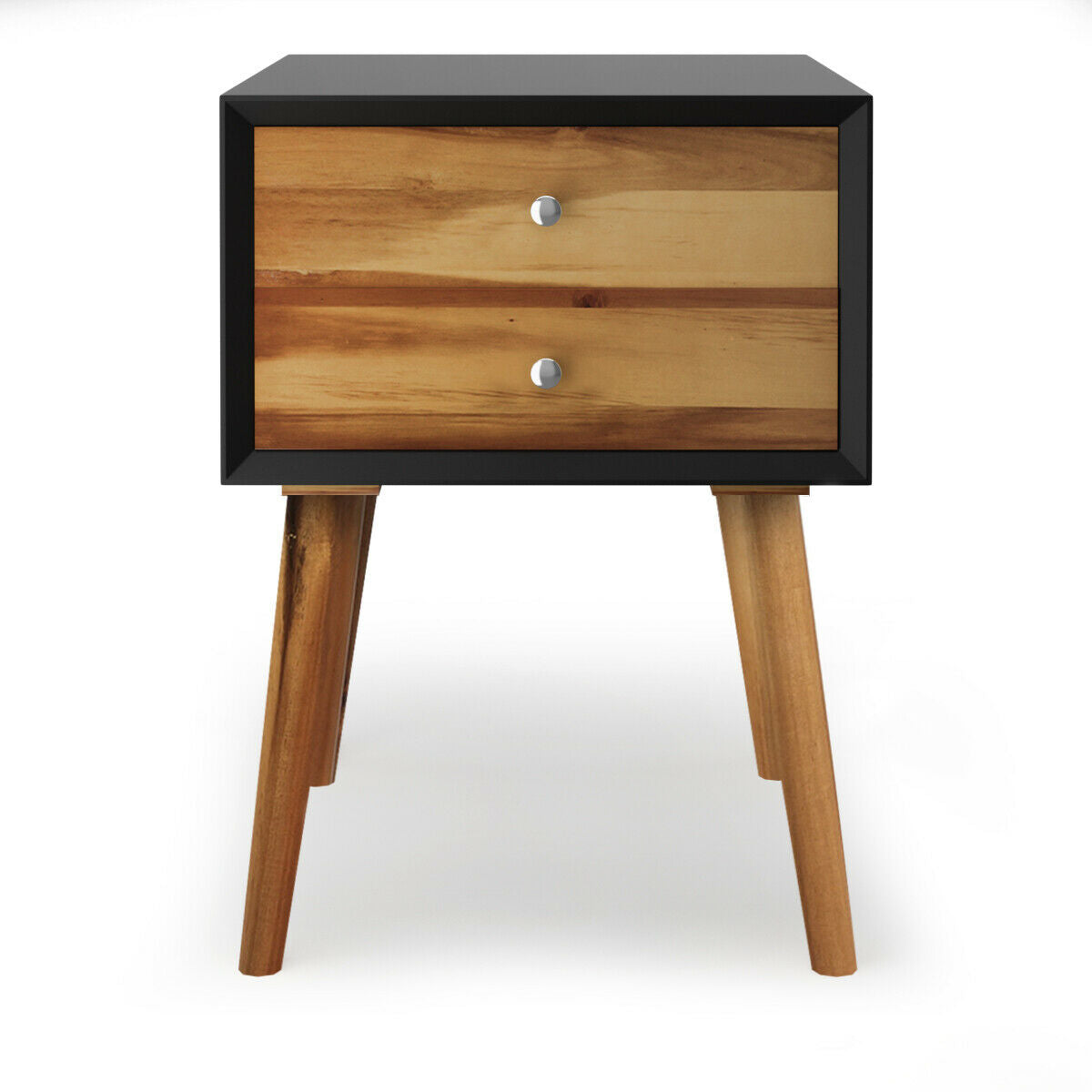 Mid Century Wooden Nightstand with Two Drawers - Black