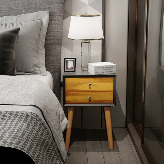 Mid Century Wooden Nightstand with Two Drawers - Black