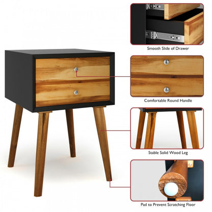 Mid Century Wooden Nightstand with Two Drawers - Black