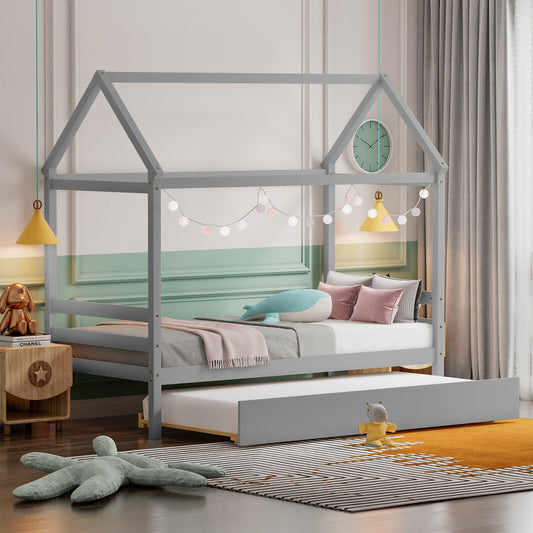 Wooden House Frame Kids Platform Bed with Trundle and Playful Roof Design for Bedroom Grey