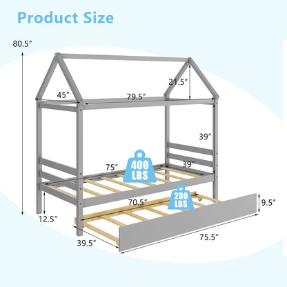 Wooden House Frame Kids Platform Bed with Trundle and Playful Roof Design for Bedroom Grey