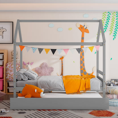 Wooden House Frame Kids Platform Bed with Trundle and Playful Roof Design for Bedroom Grey