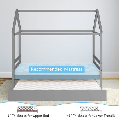 Wooden House Frame Kids Platform Bed with Trundle and Playful Roof Design for Bedroom Grey