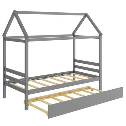Wooden House Frame Kids Platform Bed with Trundle and Playful Roof Design for Bedroom Grey
