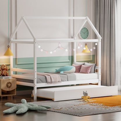 Wooden House Frame Kids Platform Bed with Trundle and Playful Roof Design for Bedroom White