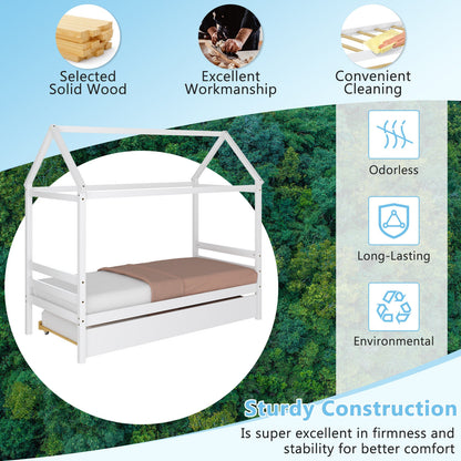 Wooden House Frame Kids Platform Bed with Trundle and Playful Roof Design for Bedroom White