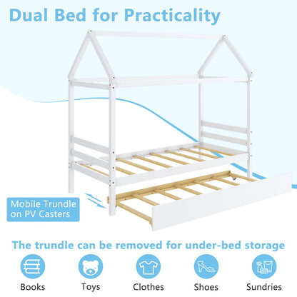 Wooden House Frame Kids Platform Bed with Trundle and Playful Roof Design for Bedroom White