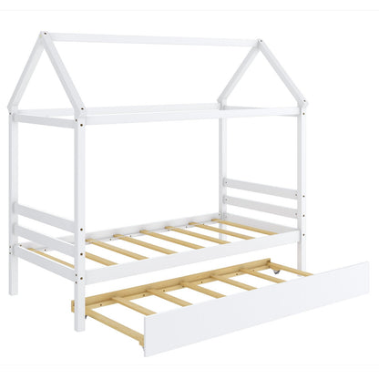 Wooden House Frame Kids Platform Bed with Trundle and Playful Roof Design for Bedroom White