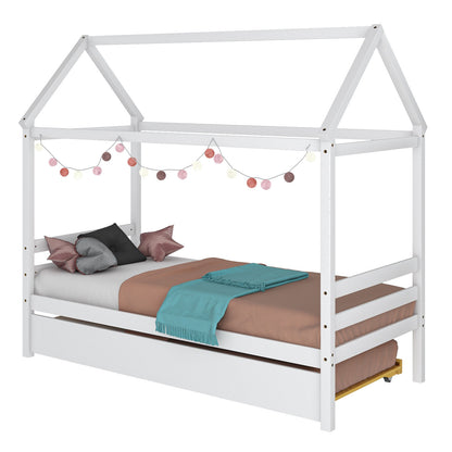 Wooden House Frame Kids Platform Bed with Trundle and Playful Roof Design for Bedroom White