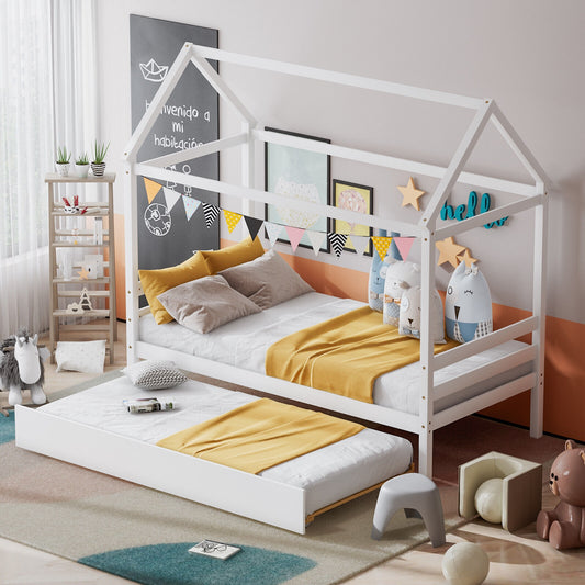 Wooden House Frame Kids Platform Bed with Trundle and Playful Roof Design for Bedroom White