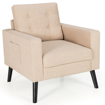 Mid Century Fabric Armchair with Button Tufted Back and Wood Legs Beige