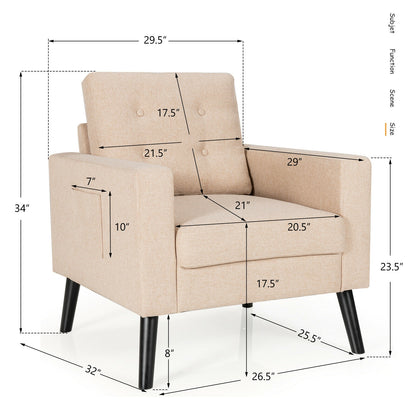 Mid Century Fabric Armchair with Button Tufted Back and Wood Legs Beige