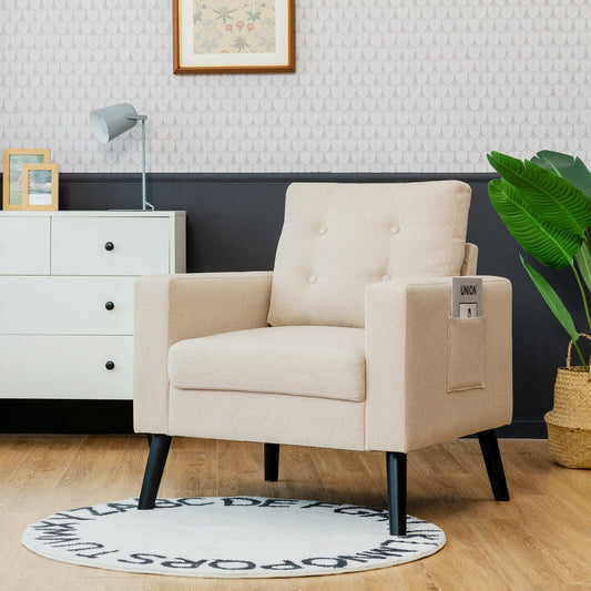 Mid Century Fabric Armchair with Button Tufted Back and Wood Legs Beige