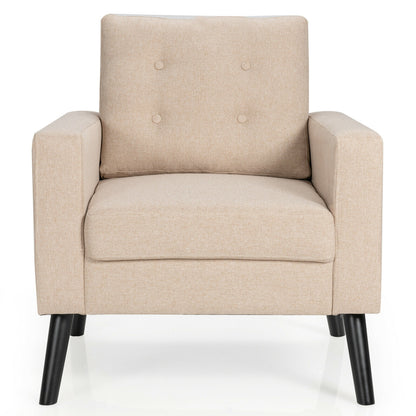 Mid Century Fabric Armchair with Button Tufted Back and Wood Legs Beige