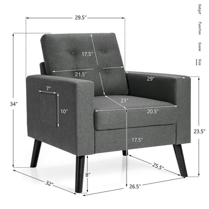 Mid Century Fabric Armchair with Button Tufted Back and Wood Legs Grey