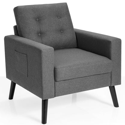 Mid Century Fabric Armchair with Button Tufted Back and Wood Legs Grey